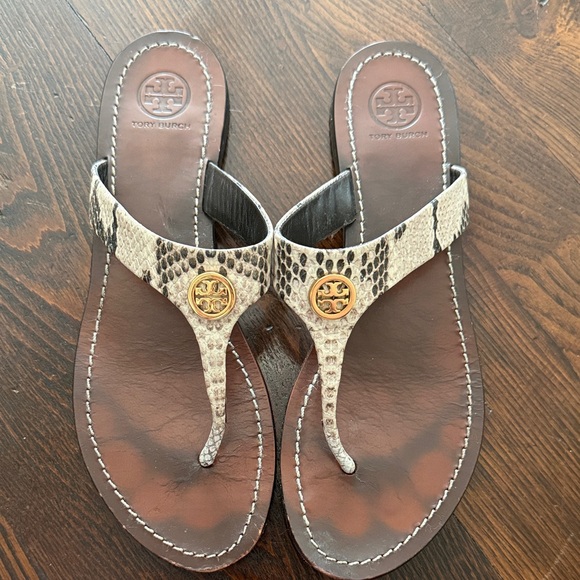 Tory Burch Cameron Python Leather Gold Sandals - Picture 1 of 8